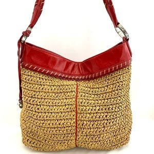 Brighton Vintage Natural Jute Raffia Woven Shoulder Bag Red Patent Leather Trim